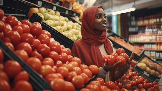 Una mujer comprando en una tienda de comestibles con tomate