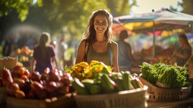 Mujer de compras en el mercado de agricultores