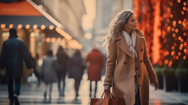 Mujer de compras de Navidad Mujer de moda con bolsas de compras caminando por la ciudad después de las compras