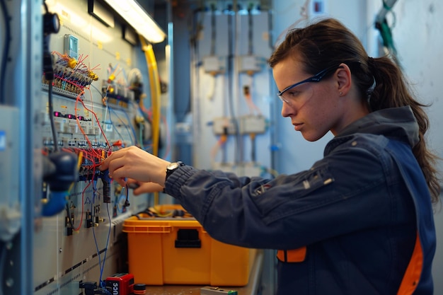 Mujer comprobando el fusible en el circuito eléctrico principal de una fábrica industrial