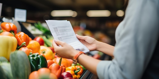 Foto mujer comprobando el recibo del supermercado en busca de alimentos y bienes de consumo