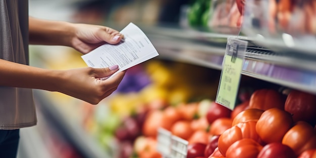 Foto mujer comprobando el recibo del supermercado en busca de alimentos y bienes de consumo