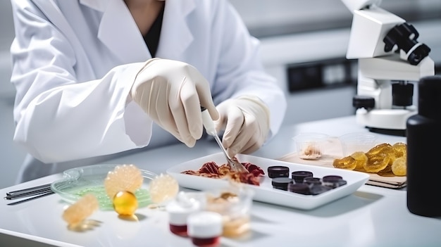 Mujer comprobar la calidad de los alimentos con un microscopio un laboratorio de calidad de alimentos AI generativa