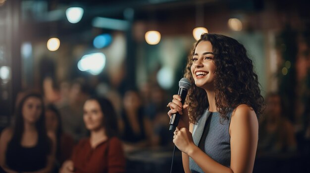 Foto mujer comprometida en un sincero evento de oratoria pública por primera vez un momento sincero de madurez lleno de emociones genuinas evento de graduación