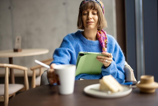 mujer, con, computador portatil, en, cafetería