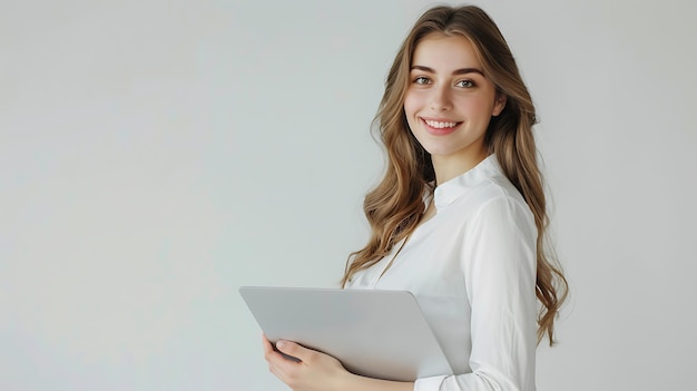 Mujer con una computadora portátil en camisa blanca