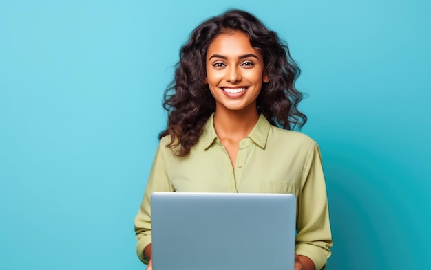 Foto una mujer con una computadora portátil en un fondo azul