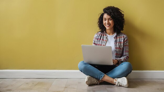 Mujer con computadora portátil sentada en el suelo aislada en blanco