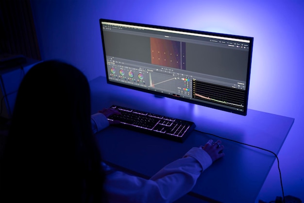 Una mujer se concentra en tareas de edición de video en su computadora con software profesional en una habitación iluminada por el sutil resplandor de la pantalla