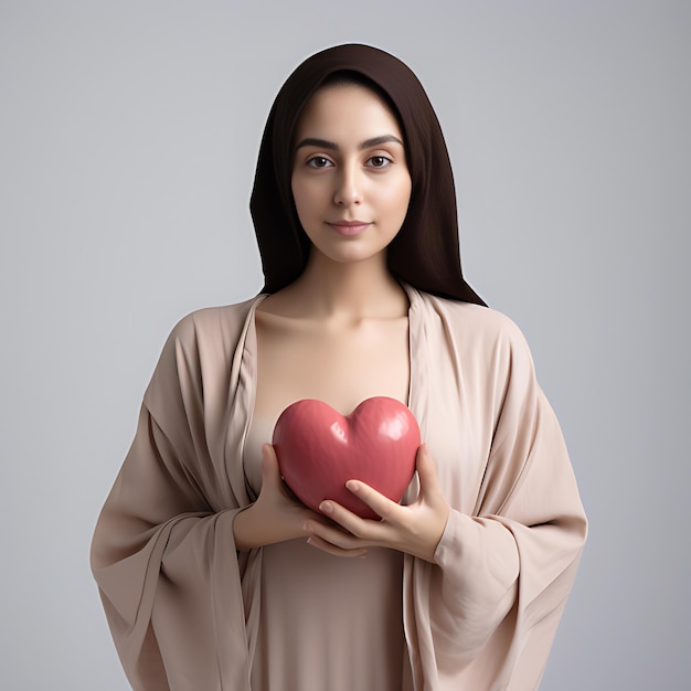 Una mujer de concientización sobre el cáncer de mama sosteniendo una IA generativa en forma de corazón