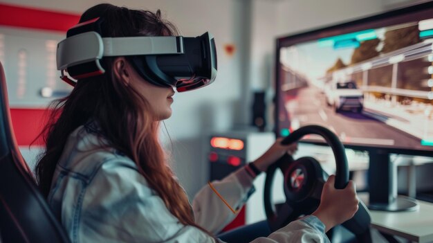 Foto mujer conduciendo un coche con auriculares de realidad virtual