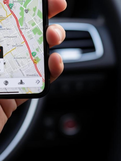 Foto una mujer conduciendo un coche negro use su teléfono inteligente para ver un mapa que muestra su ruta de viaje y use el