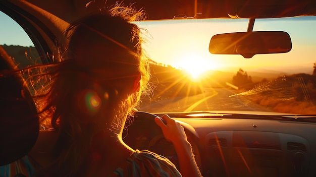 Una mujer conductor despreocupada disfrutando de la carretera abierta durante una hermosa puesta de sol