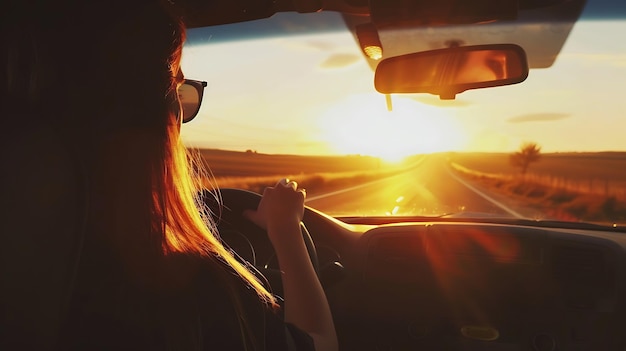 Una mujer conductor despreocupada disfrutando de la carretera abierta durante una hermosa puesta de sol