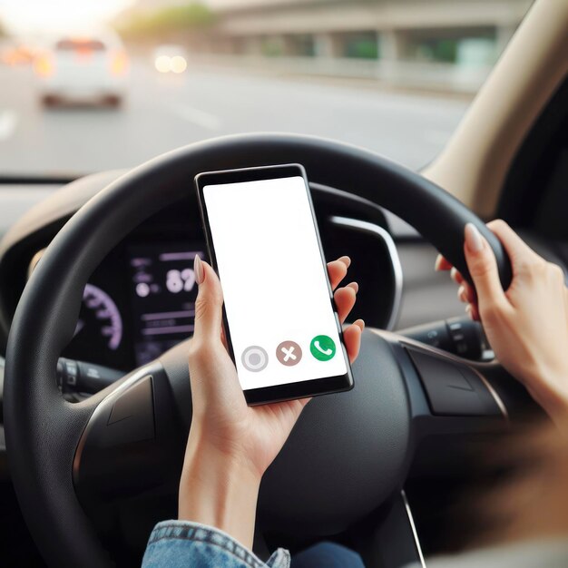 Mujer conductor usando una maqueta en blanco de la pantalla del teléfono móvil mientras conduce distraída de la carretera ai