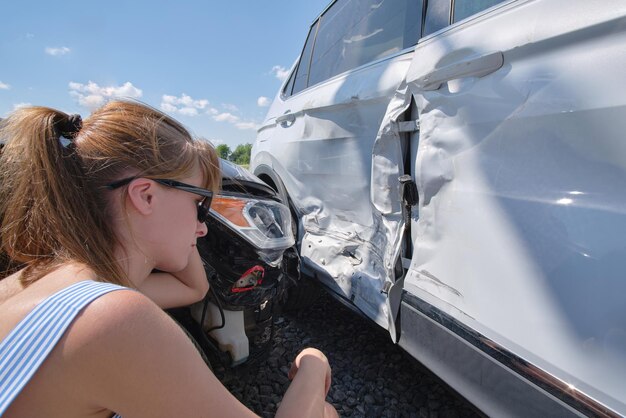 Mujer conductora estresada sentada en el lado de la calle sorprendida después de un accidente automovilístico Concepto de seguridad y seguro vial