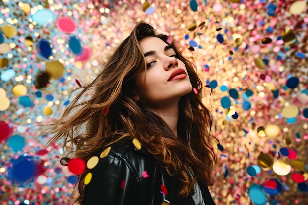 Foto una mujer con confeti de celebración por todas partes