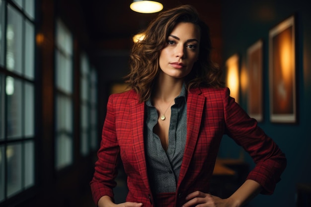 Una mujer confiada y profesional en la oficina irradia elegancia con su blusa a cuadros