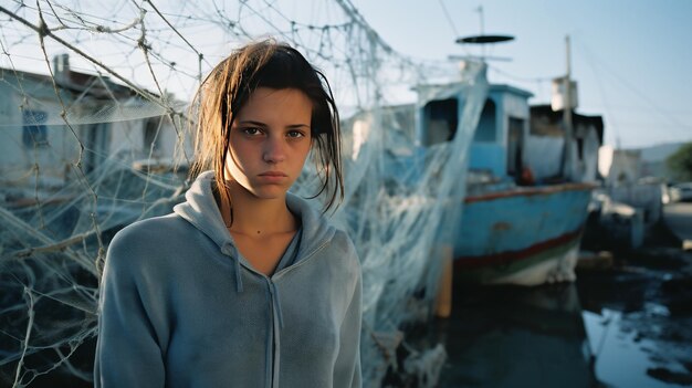 Una mujer se para con confianza frente a un barco de pesca rústico el viento soplando a través de su cabello