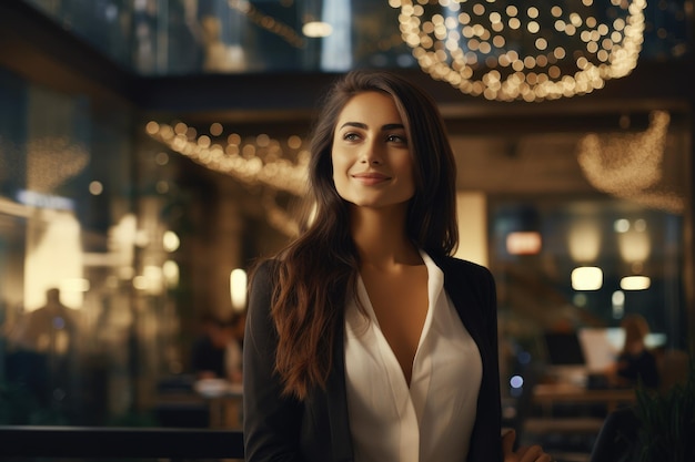 Una mujer se para con confianza frente a una lámpara de araña reluciente disfrutando de su luz radiante Retrato de una mujer de negocios exitosa dentro de la oficina generada por IA
