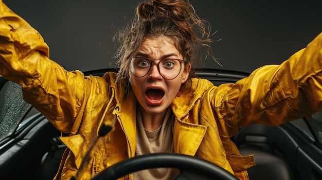 Foto una mujer confundida con la cara sucia tuvo un accidente mientras conducía un coche.