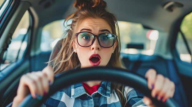 Foto una mujer confundida está conduciendo un coche