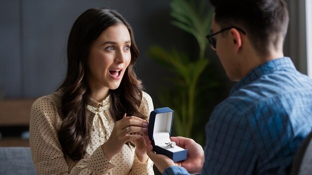 Foto mujer conmocionada mirando a su hombre dándole una caja con anillo de compromiso