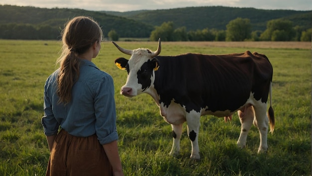 Una mujer conoció a una vaca en un campo.