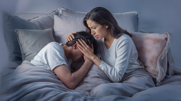 Foto mujer consolando a su triste marido sentada en la cama