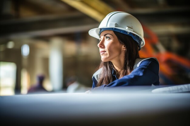 Foto mujer constructora hispana de mediana edad sonriendo con confianza de pie en el lugar de construcción