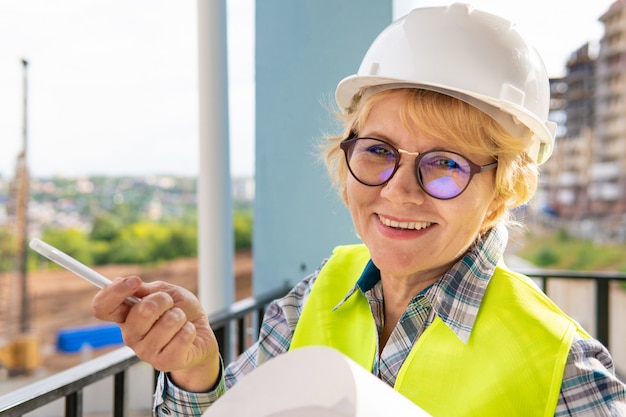 Una mujer constructora en un sitio de construcción inspecciona un edificio