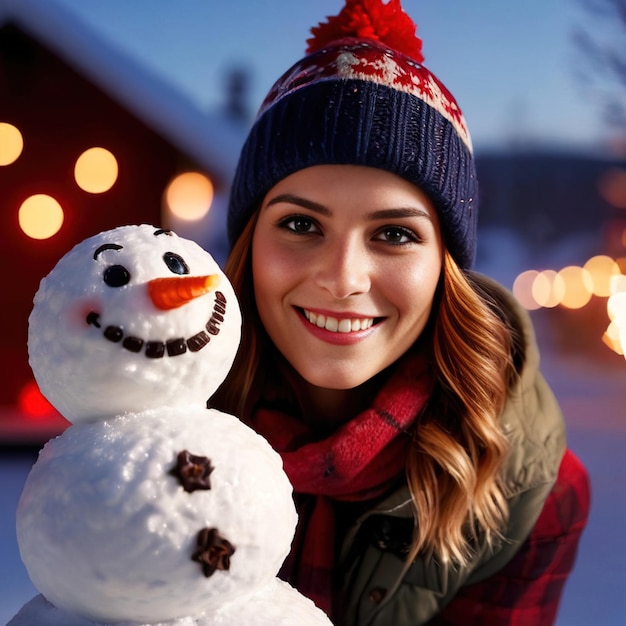 mujer construyendo el hombre de nieve de Navidad sonriendo