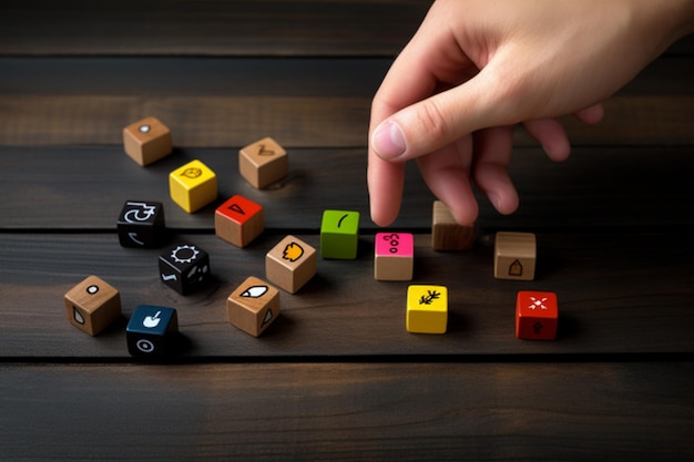 mujer construyendo a mano una pirámide de dados coloridos en una mesa de madera