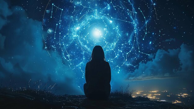 Una mujer consultando las estrellas signos del zodiaco en el cielo incluye elementos de la NASA estrellas de la luna, así como mis propias ilustraciones signos del Zodiaco