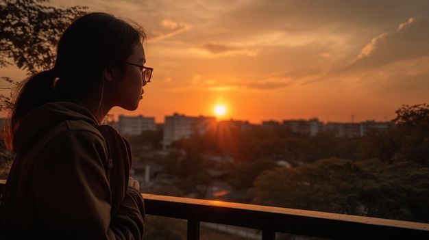 Una mujer contempla una ciudad al atardecer.