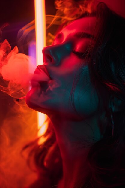 Mujer contemplativa exhalando humo bajo la luz del neón