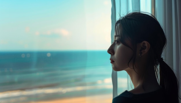 Foto mujer contemplativa junto a la ventana del mar