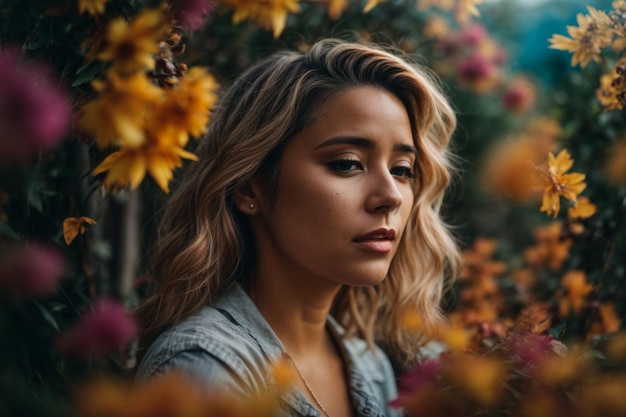 La mujer contemplativa sola por la noche expresa tristeza y preocupación a través de su postura y expresión.