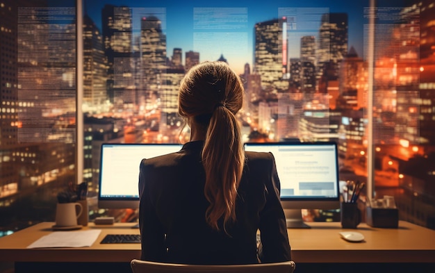 Mujer contemporánea usando una computadora portátil desde atrás