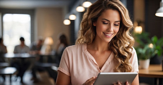 Foto una mujer contenta mira su pantalla ipad inmersa en el análisis de datos y expresa satisfacción