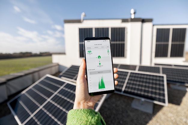 Mujer controla la producción de energía de la planta de energía solar con una tableta digital