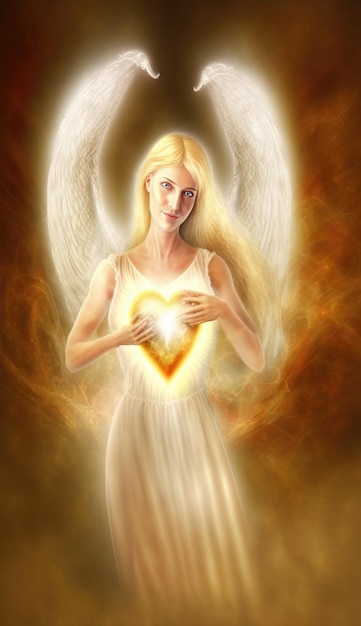 Una mujer con el corazón de un ángel blanco en su pecho