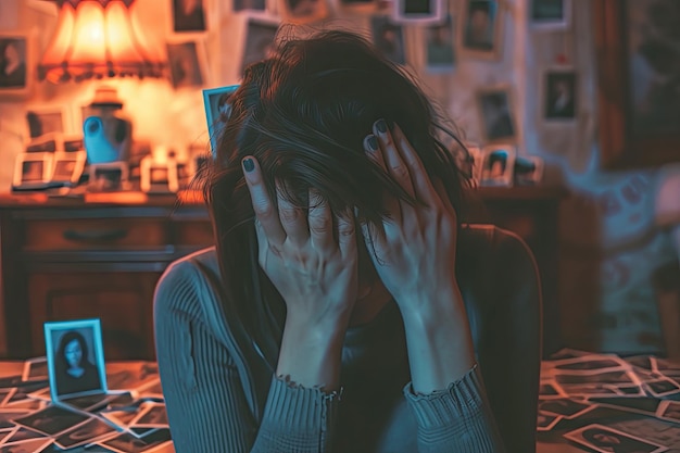 Una mujer con el corazón roto mirando fotos viejas en una habitación débilmente iluminada