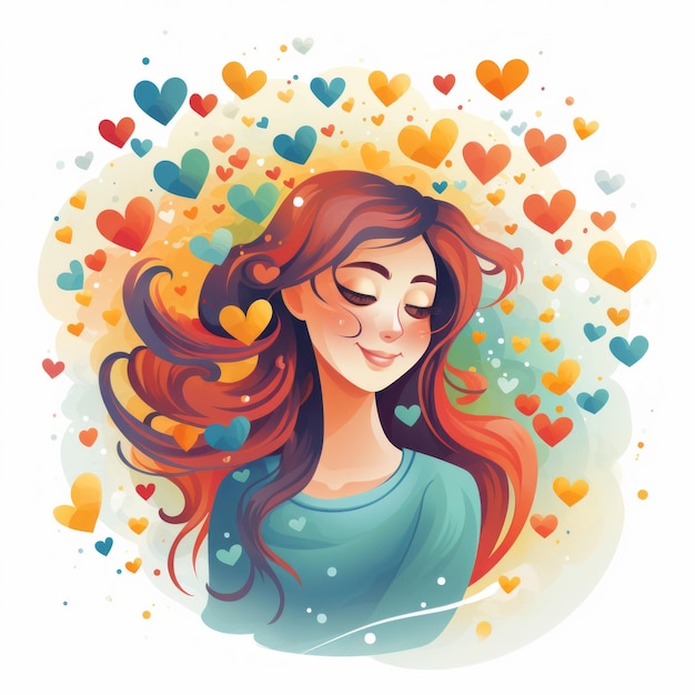 Mujer con corazones de colores en su cabello largo concepto de amor y emoción pensamiento positivo de buen corazón