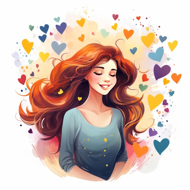 Mujer con corazones de colores en su cabello largo concepto de amor y emoción pensamiento positivo de buen corazón