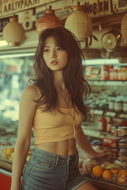 Mujer coreana con cabello largo vistiendo camiseta y pantalones cortos de mezclilla en una tienda de comestibles en Seul en la década de 1970