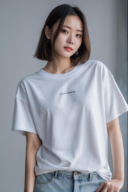 Foto mujer coreana con camiseta blanca maqueta de camiseta blanca para su diseño