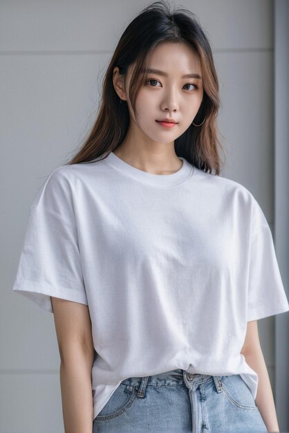 Foto mujer coreana con camiseta blanca maqueta de camiseta blanca para su diseño