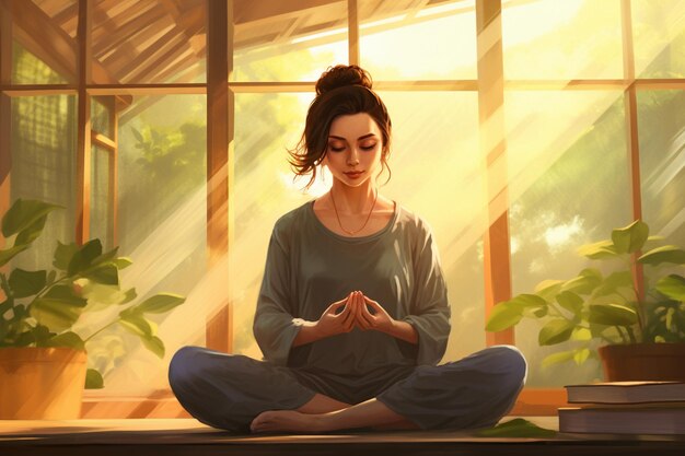 Mujer coreana meditando en la posición del loto en casa meditando