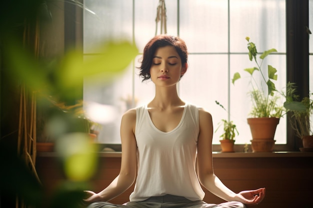 Foto mujer coreana meditando en la posición del loto en casa meditando
